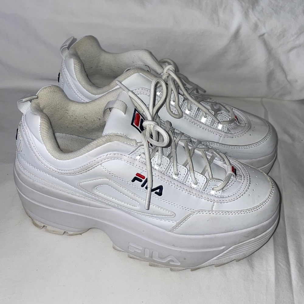 Fila White Platform Wedge Sneakers with Red & Navy Logo